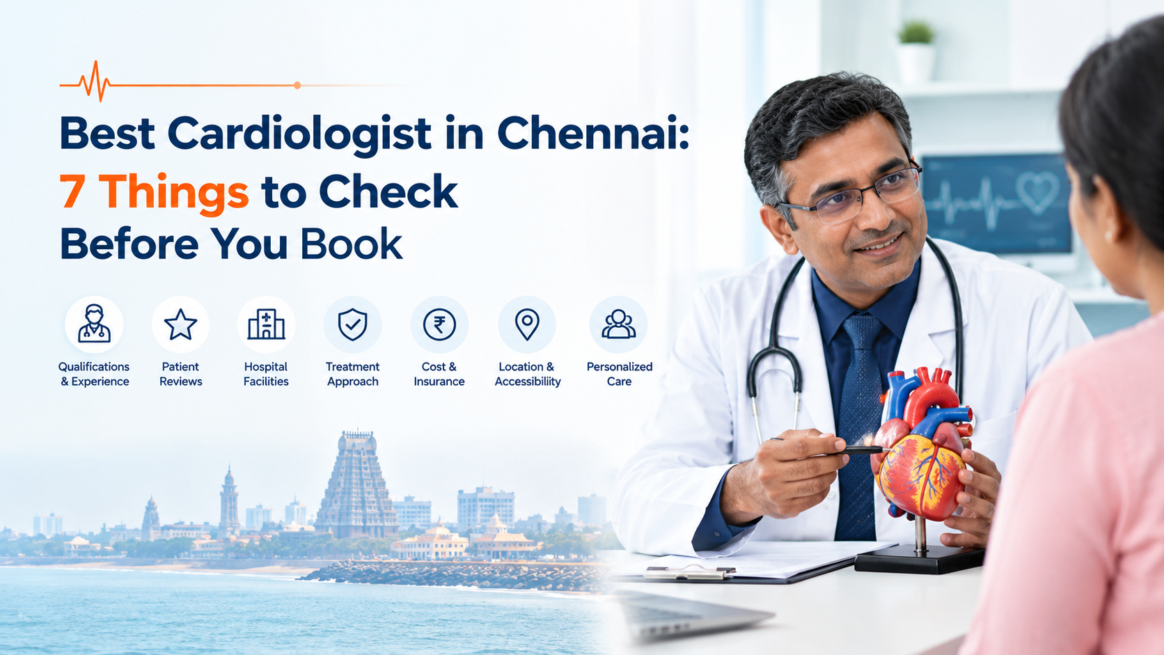 Best cardiologist in Chennai discussing heart health with a patient and explaining a heart model.